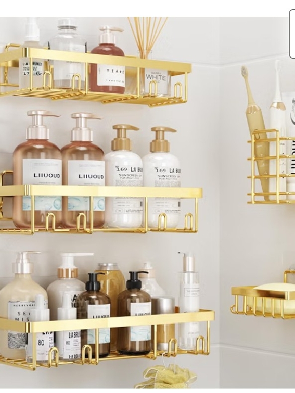 5 Gold Wall-Mounted Bathroom Shower Caddy Shelf - 3 Tier